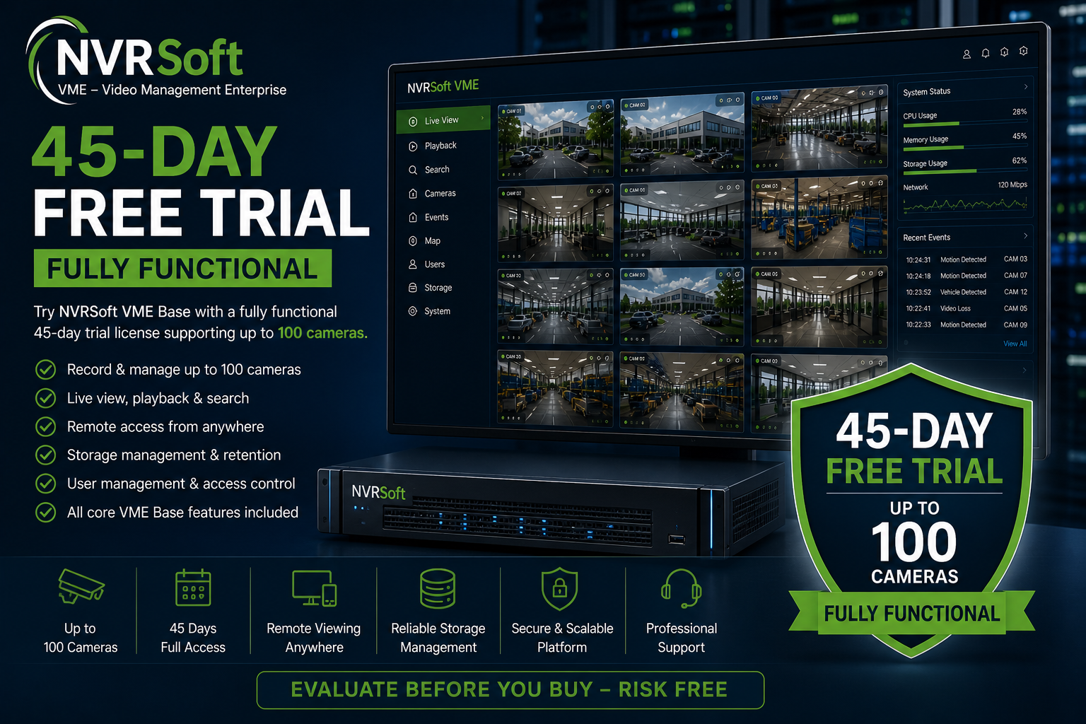 45-day NVRSoft VME Base trial license for up to 100 cameras